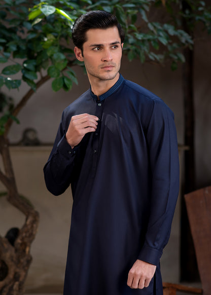 Men's Premium Ban-Embroidered Kameez Shalwar - Navy Blue / Classic Fit.