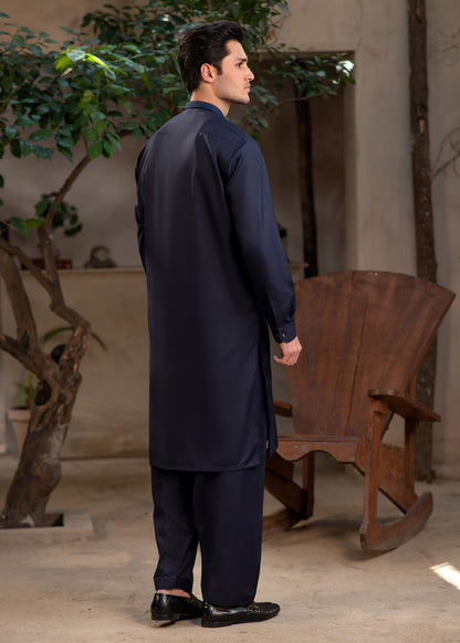 Men's Premium Ban-Embroidered Kameez Shalwar - Navy Blue / Classic Fit.