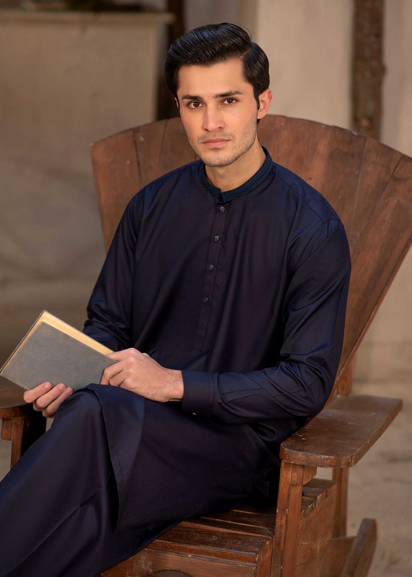 Men's Premium Ban-Embroidered Kameez Shalwar - Navy Blue / Classic Fit.