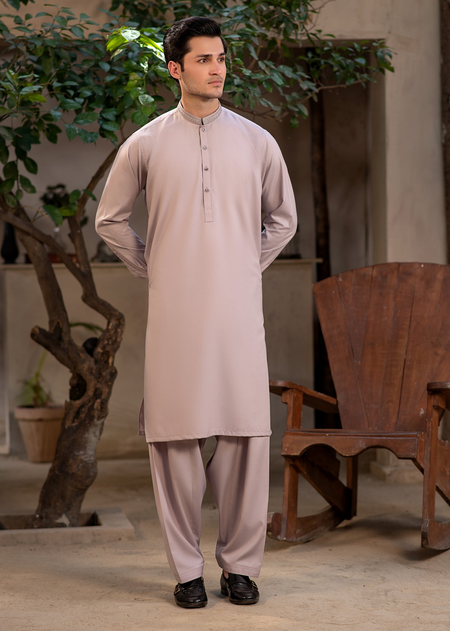 Men's Premium Ban-Embroidered Kameez Shalwar - Pinkish Brown / Classic Fit.