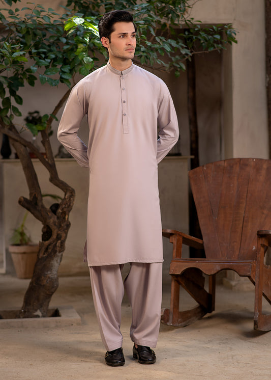 Men's Premium Ban-Embroidered Kameez Shalwar - Pinkish Brown / Classic Fit.