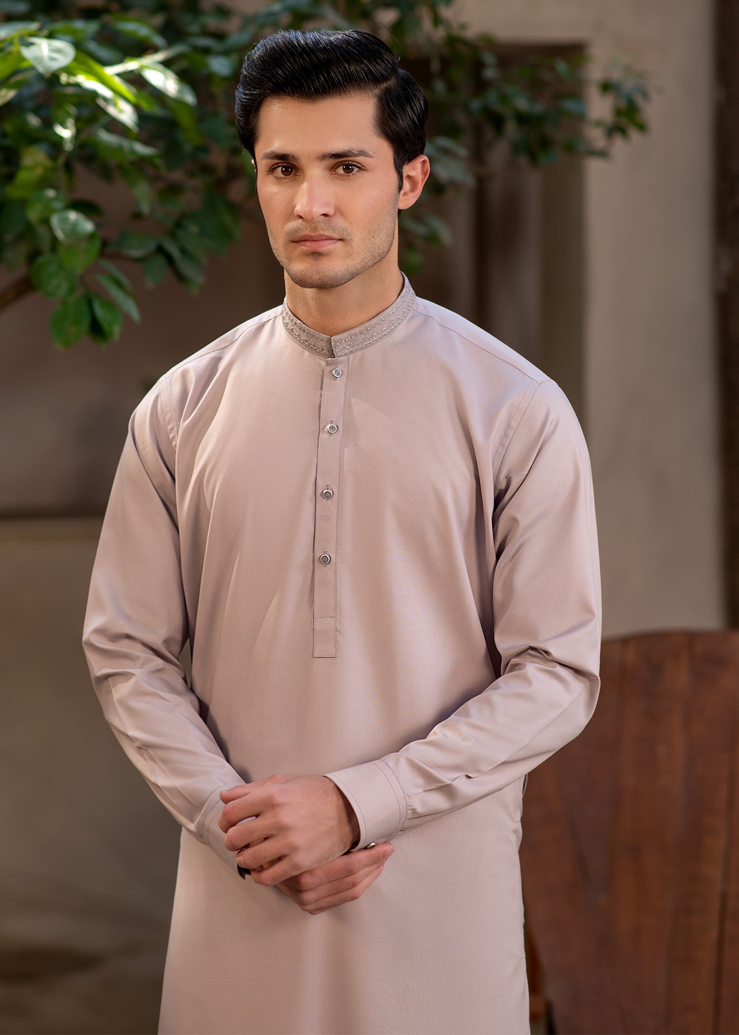 Men's Premium Ban-Embroidered Kameez Shalwar - Pinkish Brown / Classic Fit.