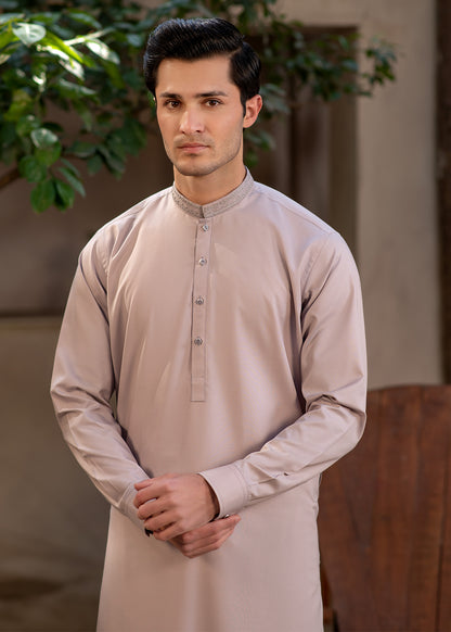 Men's Premium Ban-Embroidered Kameez Shalwar - Pinkish Brown / Classic Fit.