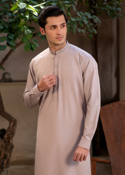 Men's Premium Ban-Embroidered Kameez Shalwar - Pinkish Brown / Classic Fit.