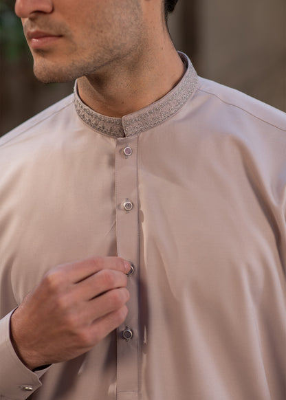 Men's Premium Ban-Embroidered Kameez Shalwar - Pinkish Brown / Classic Fit.