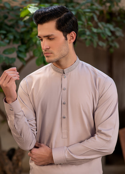 Men's Premium Ban-Embroidered Kameez Shalwar - Pinkish Brown / Classic Fit.