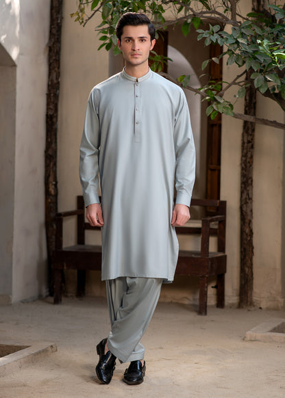 Men's Premium Ban-Embroidered Kameez Shalwar - Pale Dusty Green / Classic Fit.