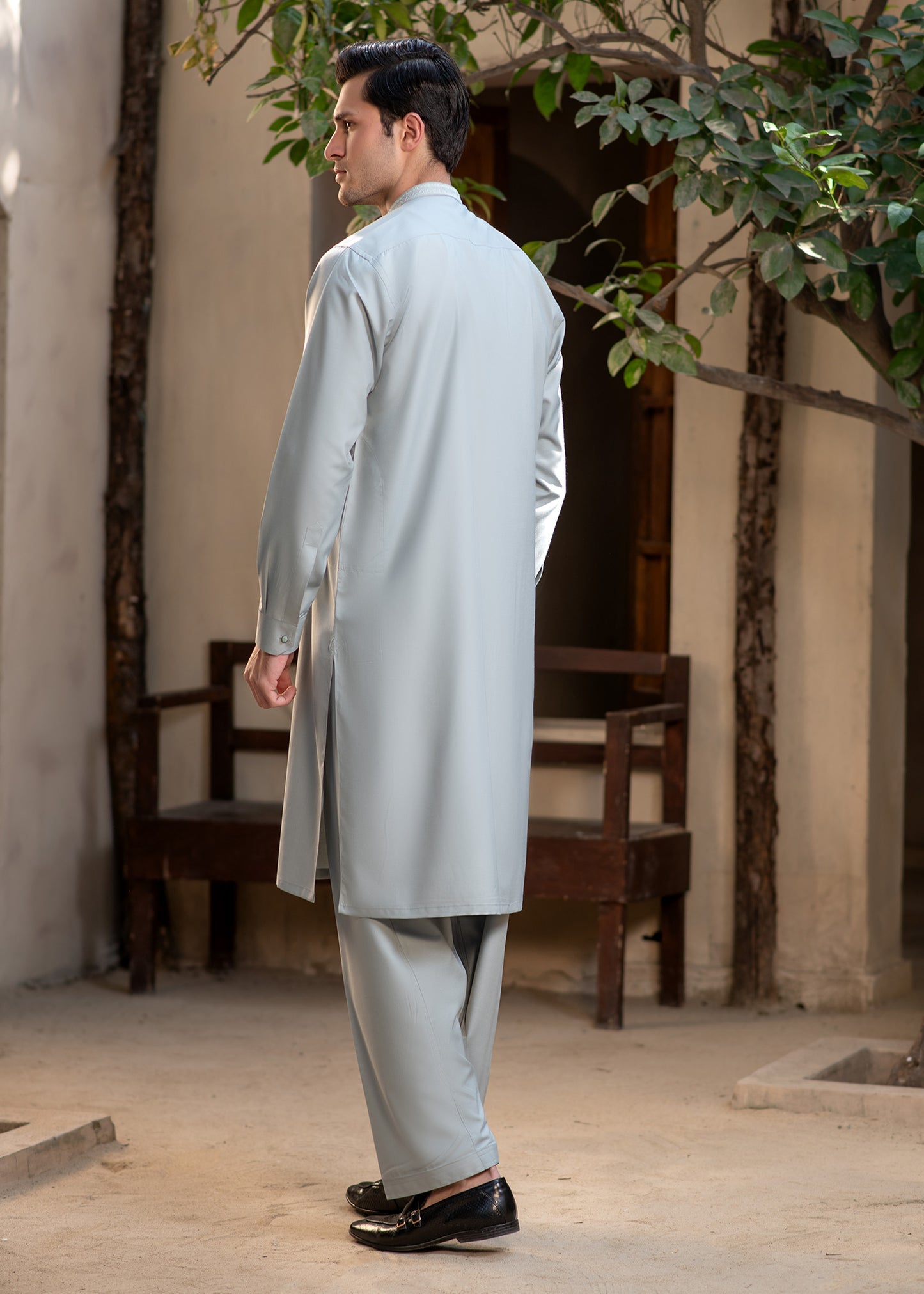 Men's Premium Ban-Embroidered Kameez Shalwar - Pale Dusty Green / Classic Fit.
