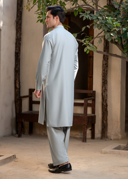 Men's Premium Ban-Embroidered Kameez Shalwar - Pale Dusty Green / Classic Fit.