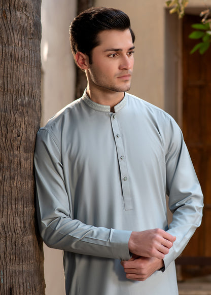 Men's Premium Ban-Embroidered Kameez Shalwar - Pale Dusty Green / Classic Fit.