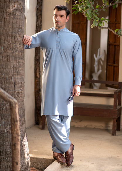 Men's Premium Ban-Embroidered Kameez Shalwar - Sky Blue / Classic Fit.