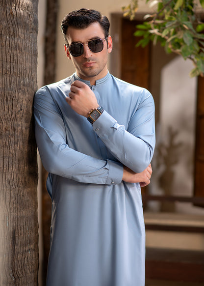 Men's Premium Ban-Embroidered Kameez Shalwar - Sky Blue / Classic Fit.