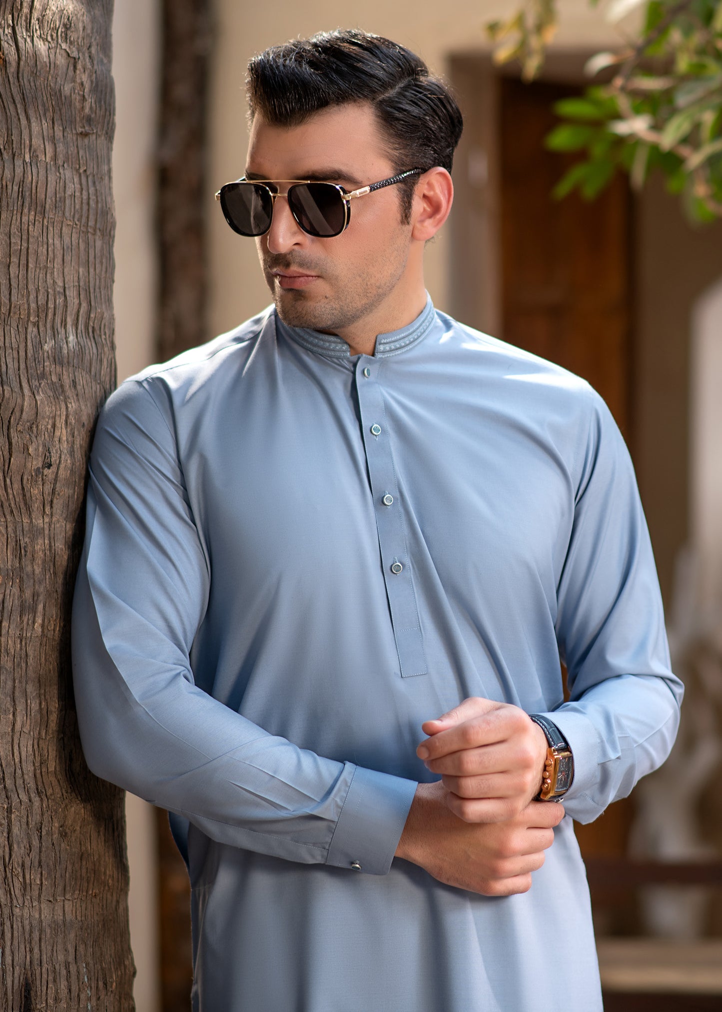 Men's Premium Ban-Embroidered Kameez Shalwar - Sky Blue / Classic Fit.