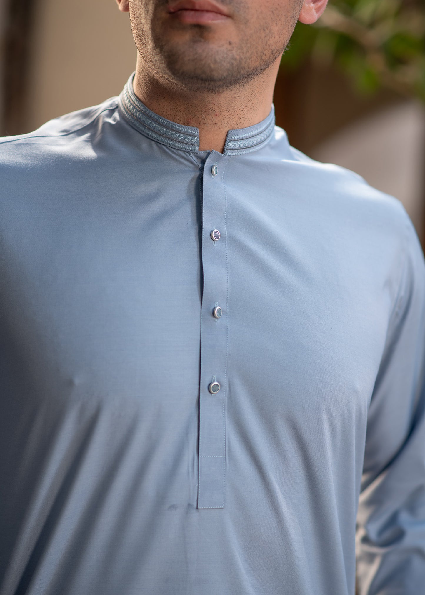 Men's Premium Ban-Embroidered Kameez Shalwar - Sky Blue / Classic Fit.