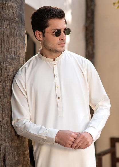 Men's Premium Ban-Embroidered Kameez Shalwar - Booski White / Classic Fit.