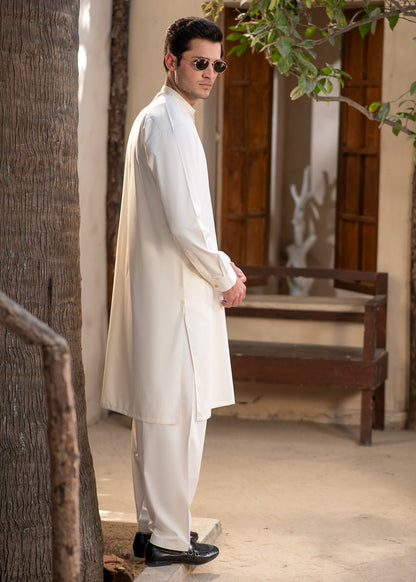 Men's Premium Ban-Embroidered Kameez Shalwar - Booski White / Classic Fit.