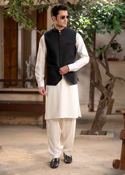 Premium Black Suiting Waistcoat Men's with  two side bone pockets and one welt chest pocket - Classic Fit Mandarin style