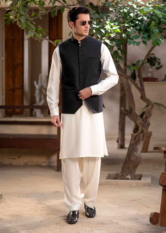 Premium Black Suiting Waistcoat Men's with  two side bone pockets and one welt chest pocket - Classic Fit Mandarin style