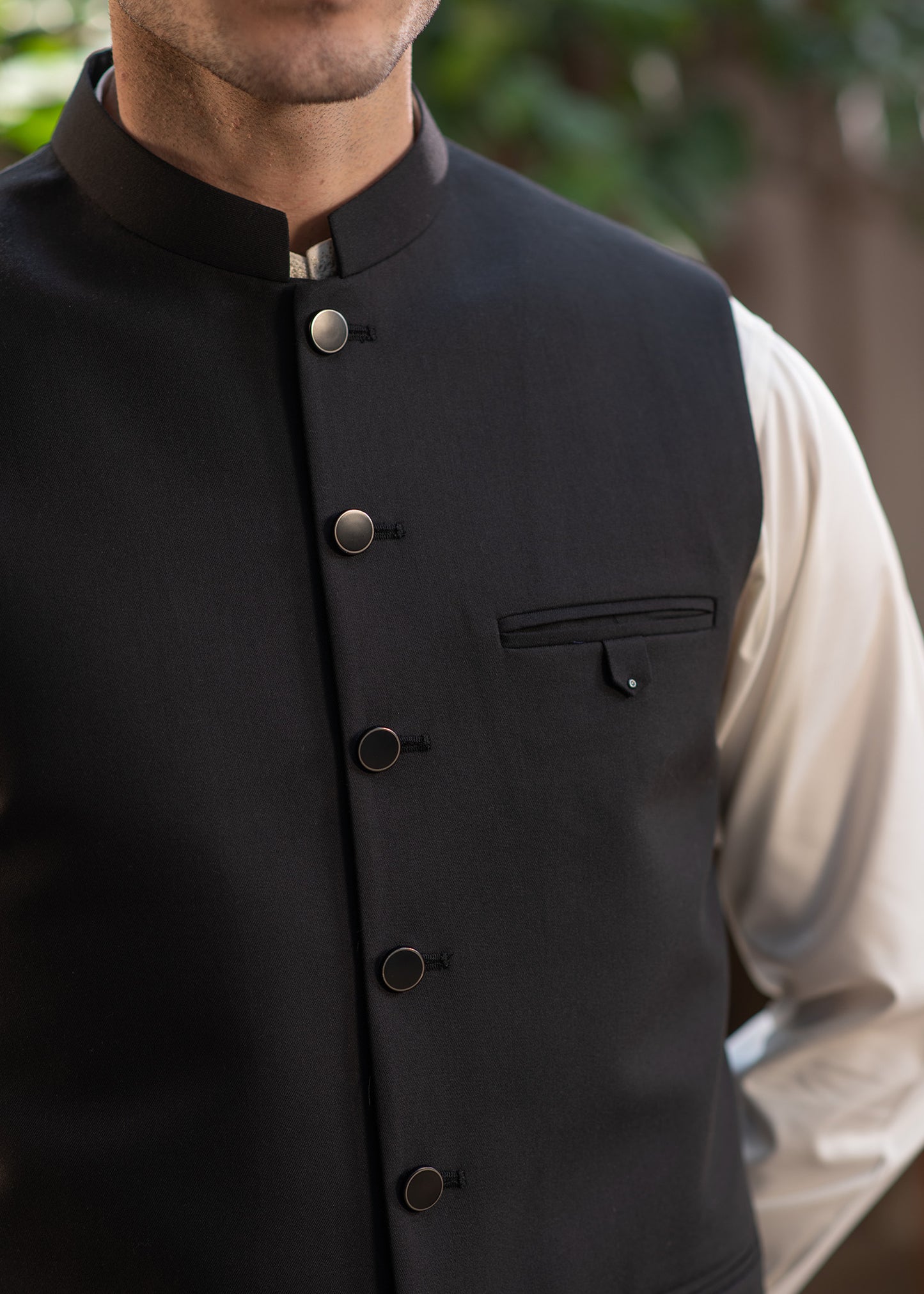 Premium Black Suiting Waistcoat Men's with  two side bone pockets and one welt chest pocket - Classic Fit Mandarin style
