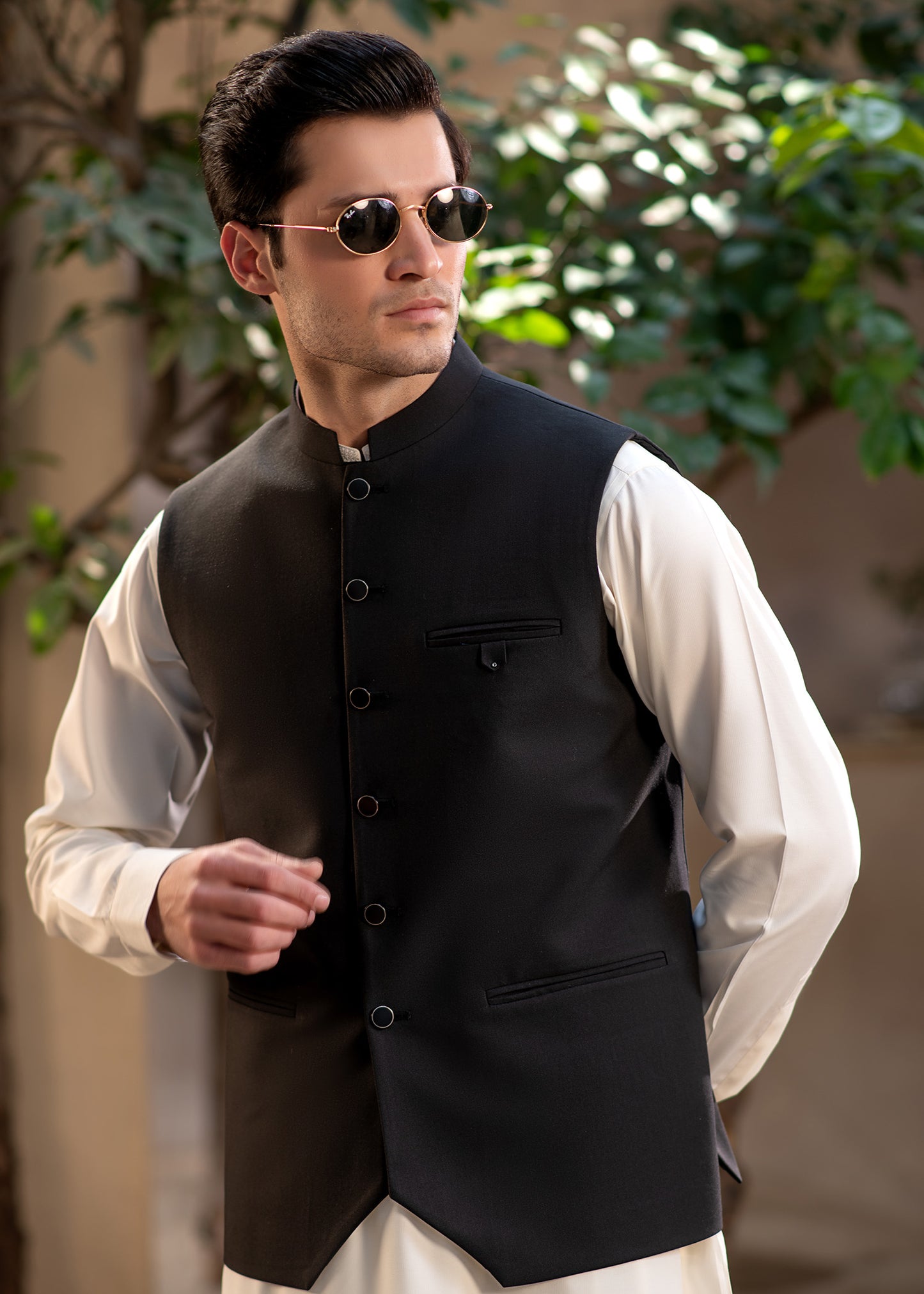 Premium Black Suiting Waistcoat Men's with  two side bone pockets and one welt chest pocket - Classic Fit Mandarin style
