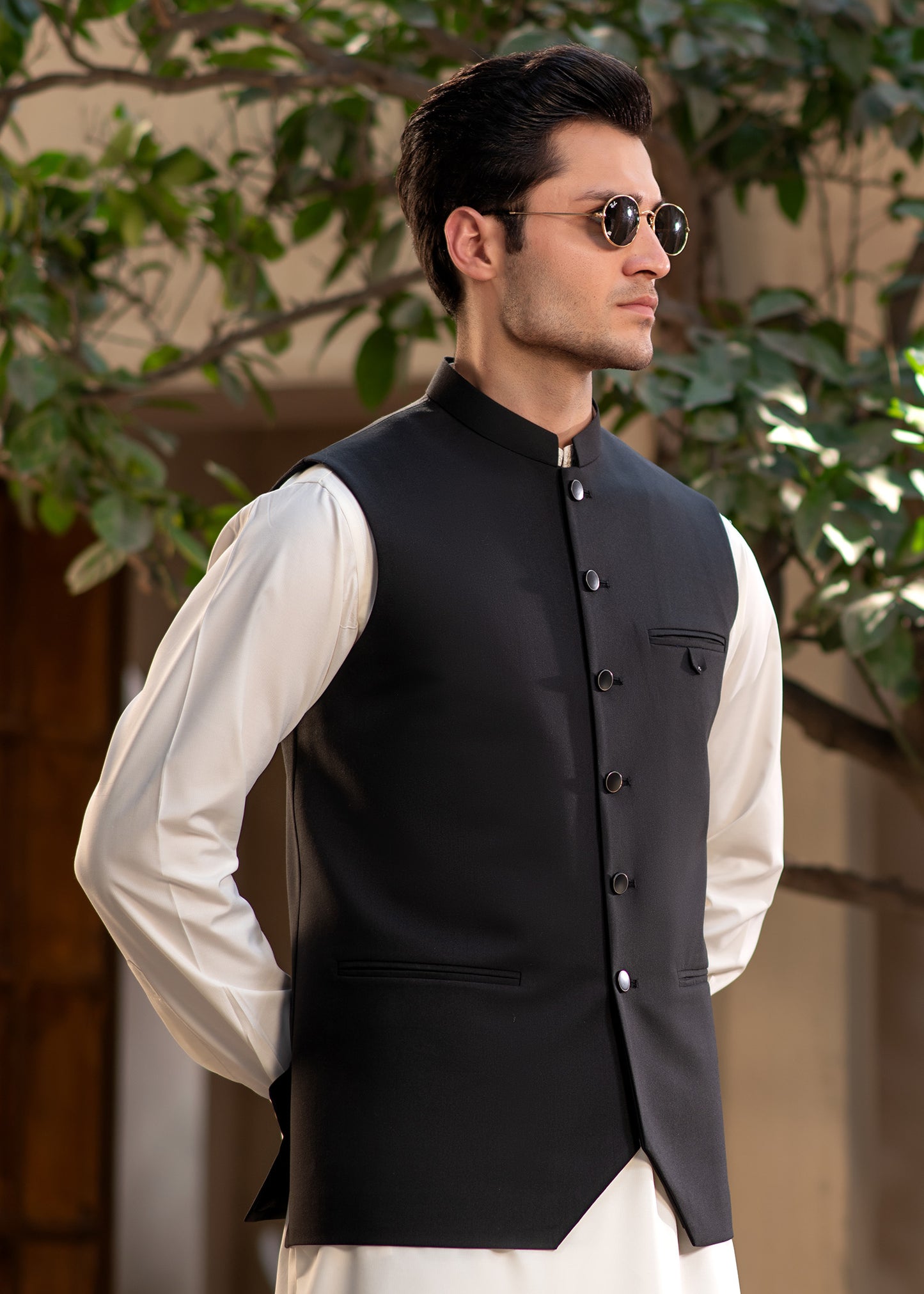 Premium Black Suiting Waistcoat Men's with  two side bone pockets and one welt chest pocket - Classic Fit Mandarin style