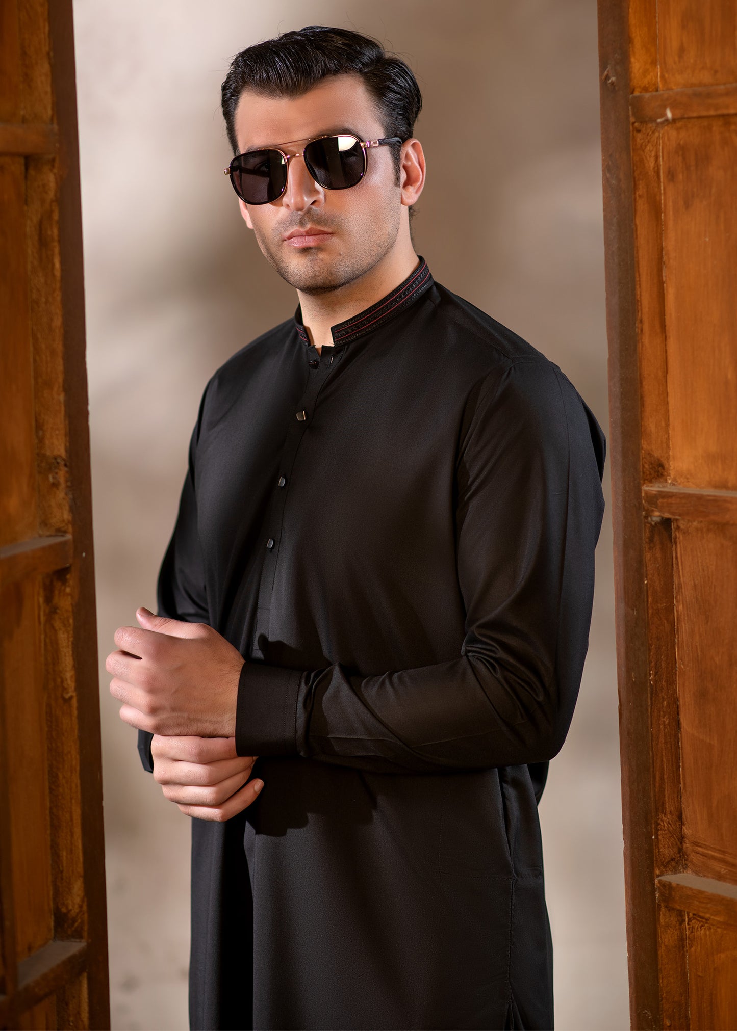 Men's Premium Ban-Embroidered Kameez Shalwar - Jet Black / Classic Fit.