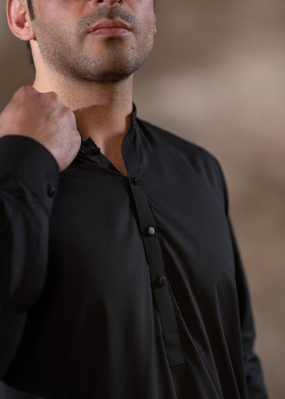 Men's Premium Ban-Embroidered Kameez Shalwar - Jet Black / Classic Fit.
