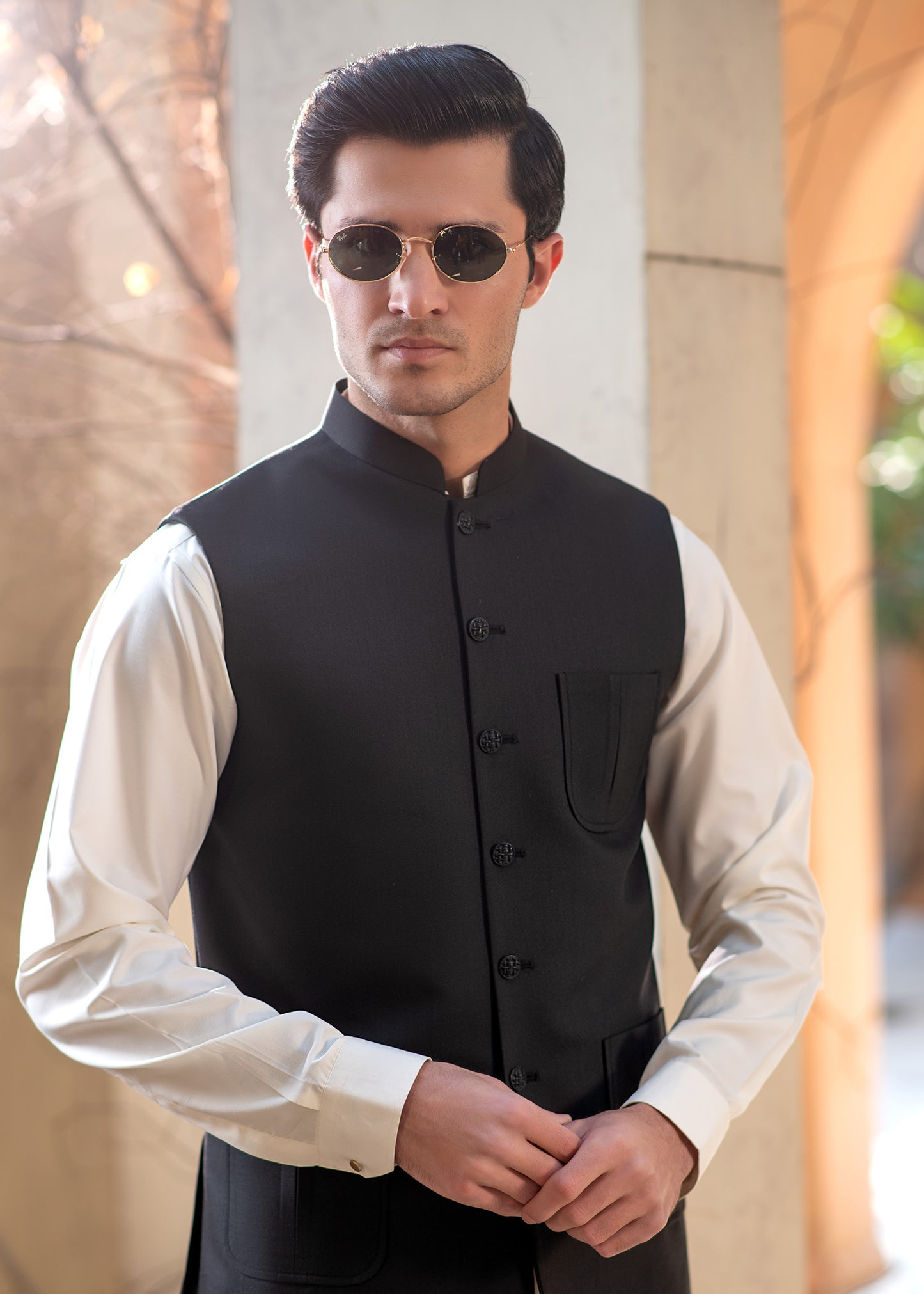Premium Black Suiting Waistcoat Men's with  two side patch pockets and one welt chest patch pocket - Classic Fit Mandarin style