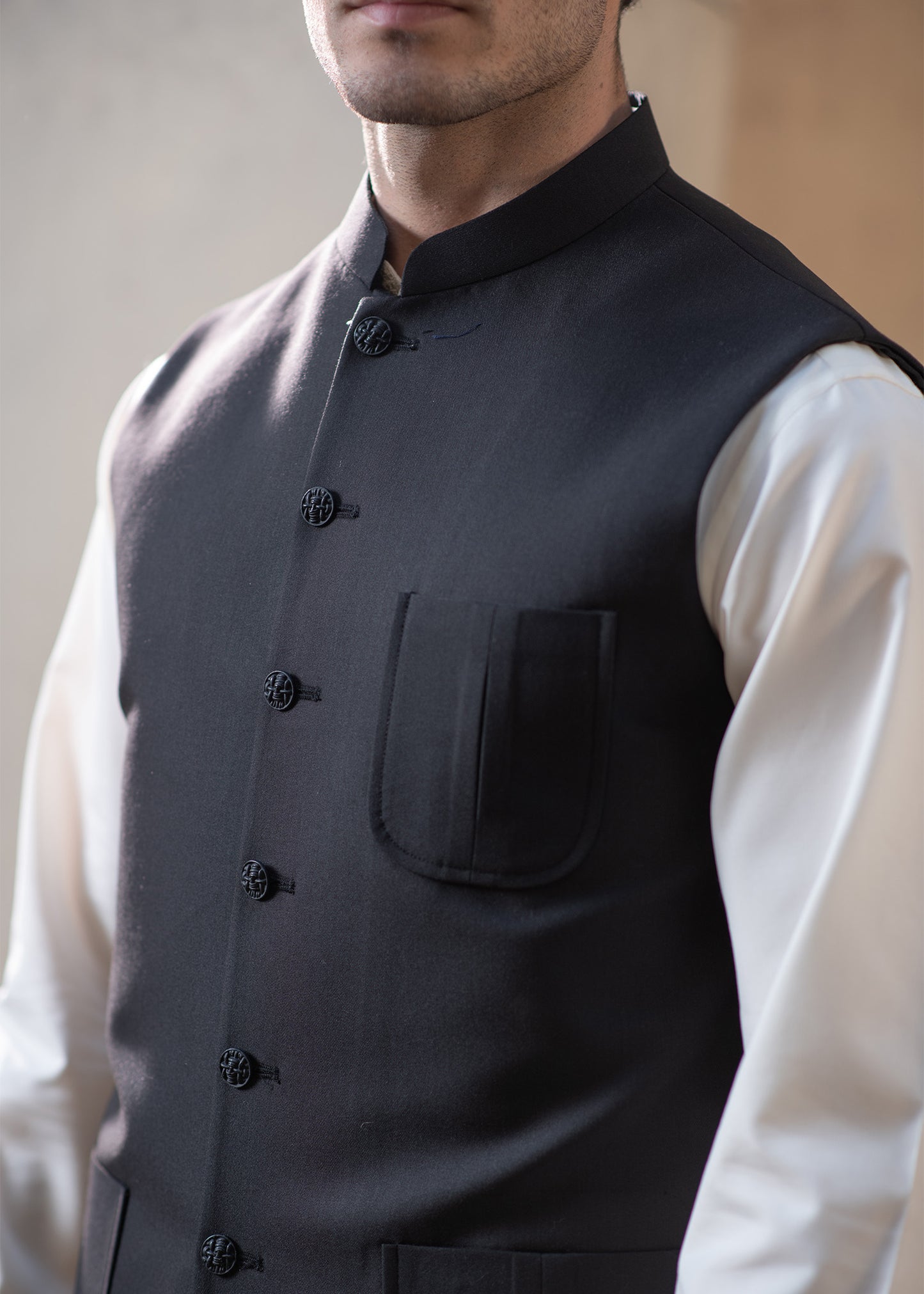 Premium Black Suiting Waistcoat Men's with  two side patch pockets and one welt chest patch pocket - Classic Fit Mandarin style