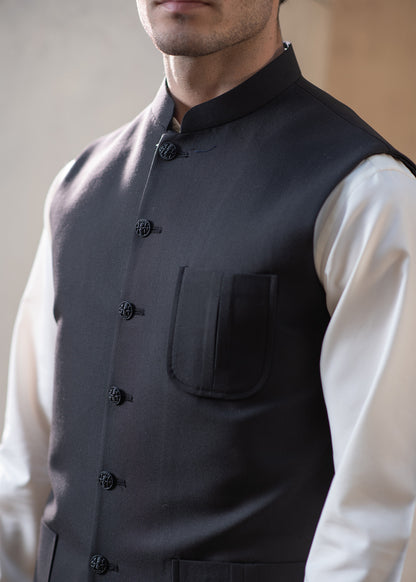 Premium Black Suiting Waistcoat Men's with  two side patch pockets and one welt chest patch pocket - Classic Fit Mandarin style