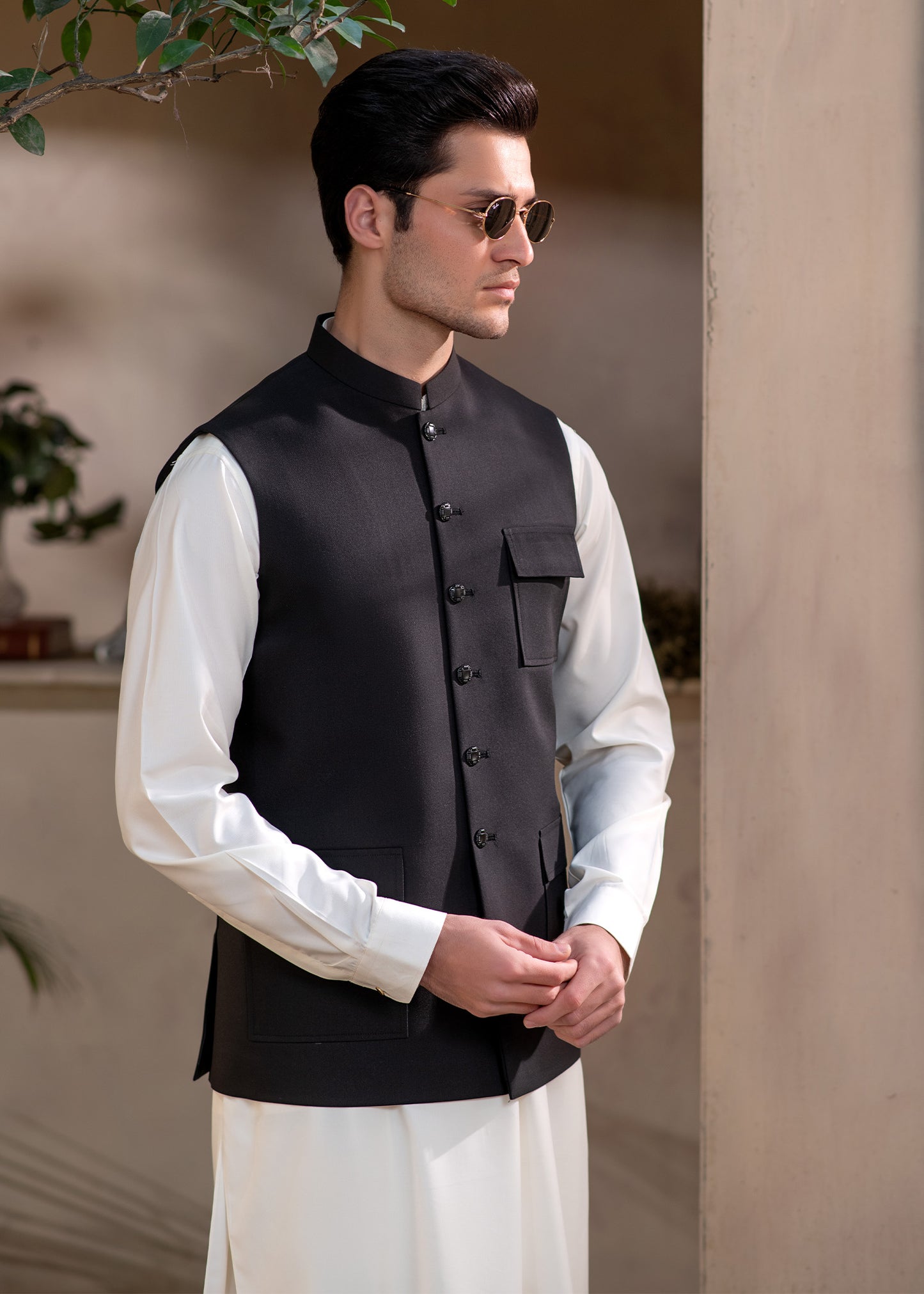Premium Black Suiting Waistcoat Men's with  two side patch pockets with flaps and one welt chest pockets with flap - Classic Fit Mandarin style