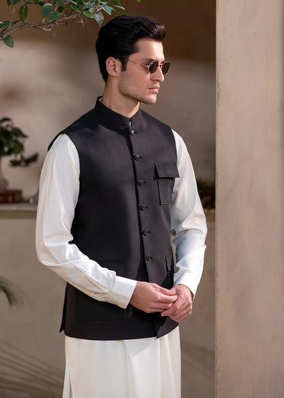 Premium Black Suiting Waistcoat Men's with  two side patch pockets with flaps and one welt chest pockets with flap - Classic Fit Mandarin style