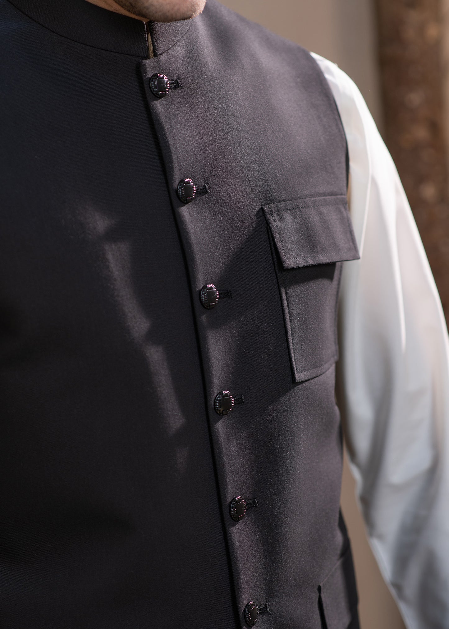 Premium Black Suiting Waistcoat Men's with  two side patch pockets with flaps and one welt chest pockets with flap - Classic Fit Mandarin style