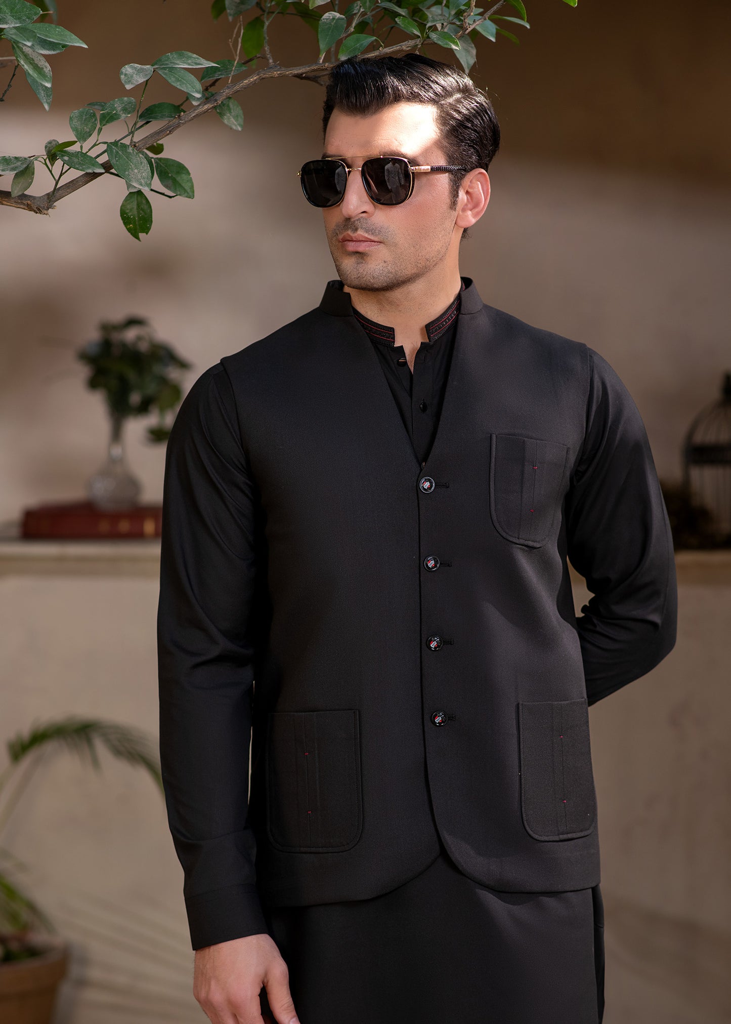 Premium Black Suiting Waistcoat V Fornt Style for Men's with bone welt chest pocket and two side bone pockets - Classic Fit Mandarin style