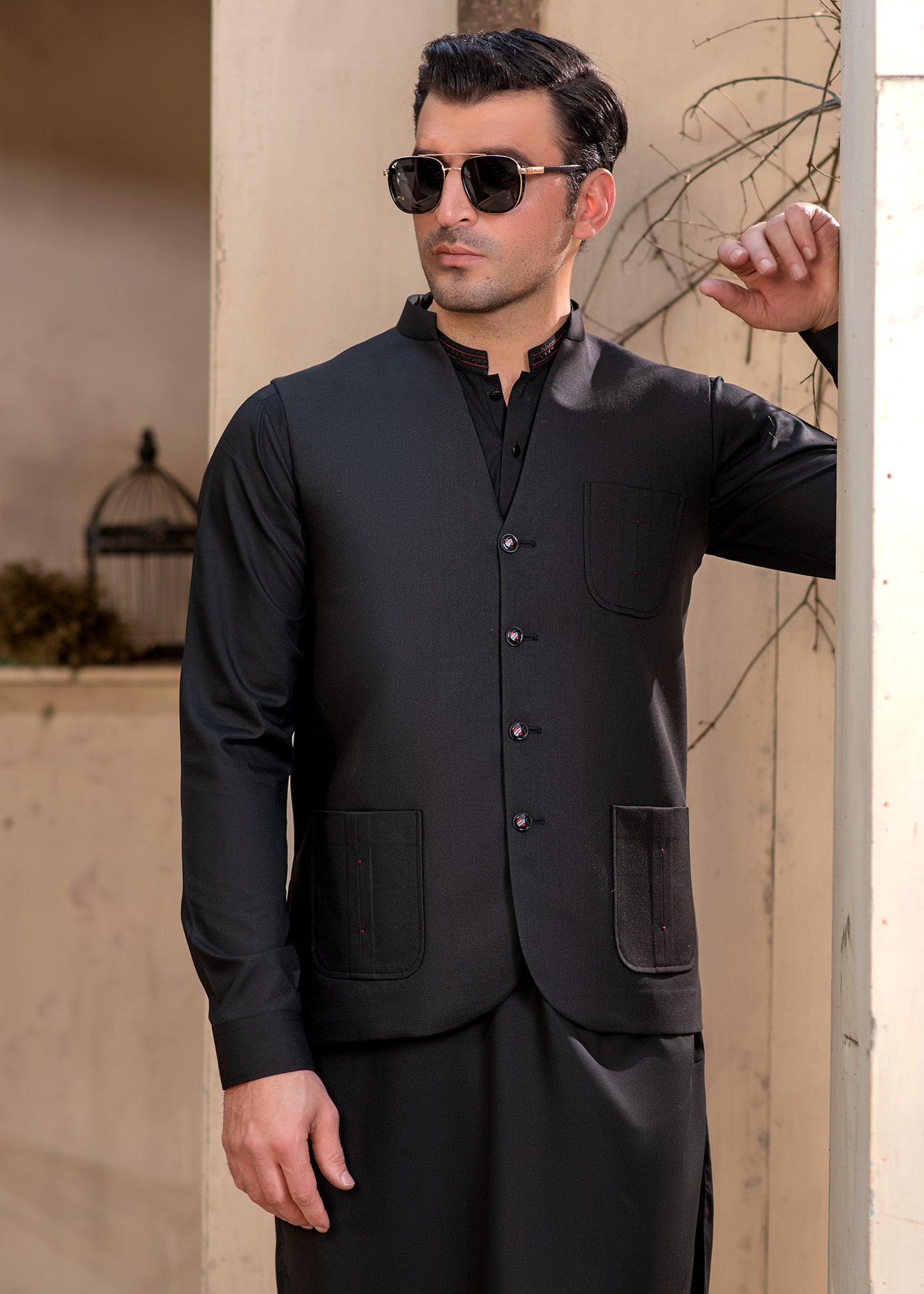 Premium Black Suiting Waistcoat V Fornt Style for Men's with bone welt chest pocket and two side bone pockets - Classic Fit Mandarin style