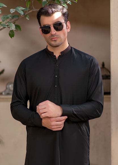 Men's Premium Ban-Embroidered Kameez Shalwar - Jet Black / Classic Fit.