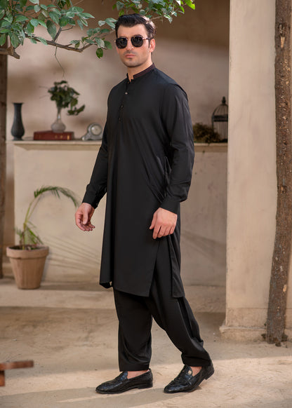 Men's Premium Ban-Embroidered Kameez Shalwar - Jet Black / Classic Fit.