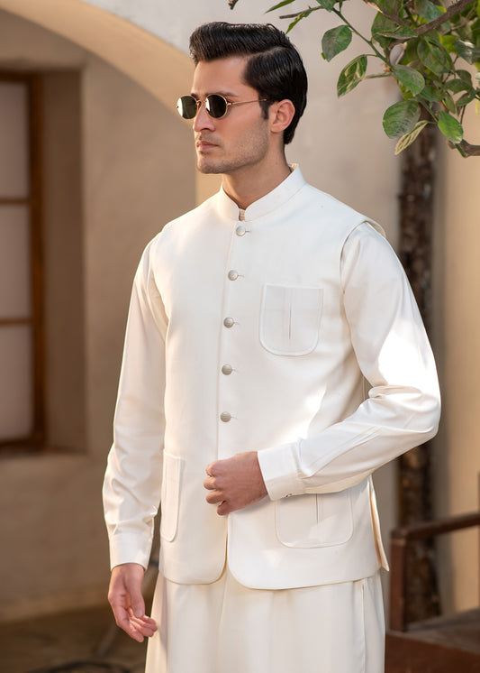 Premium Classic Off-White Suiting Waistcoat Men's with  two side patch pockets and one welt chest patch pocket - Classic Fit Mandarin style
