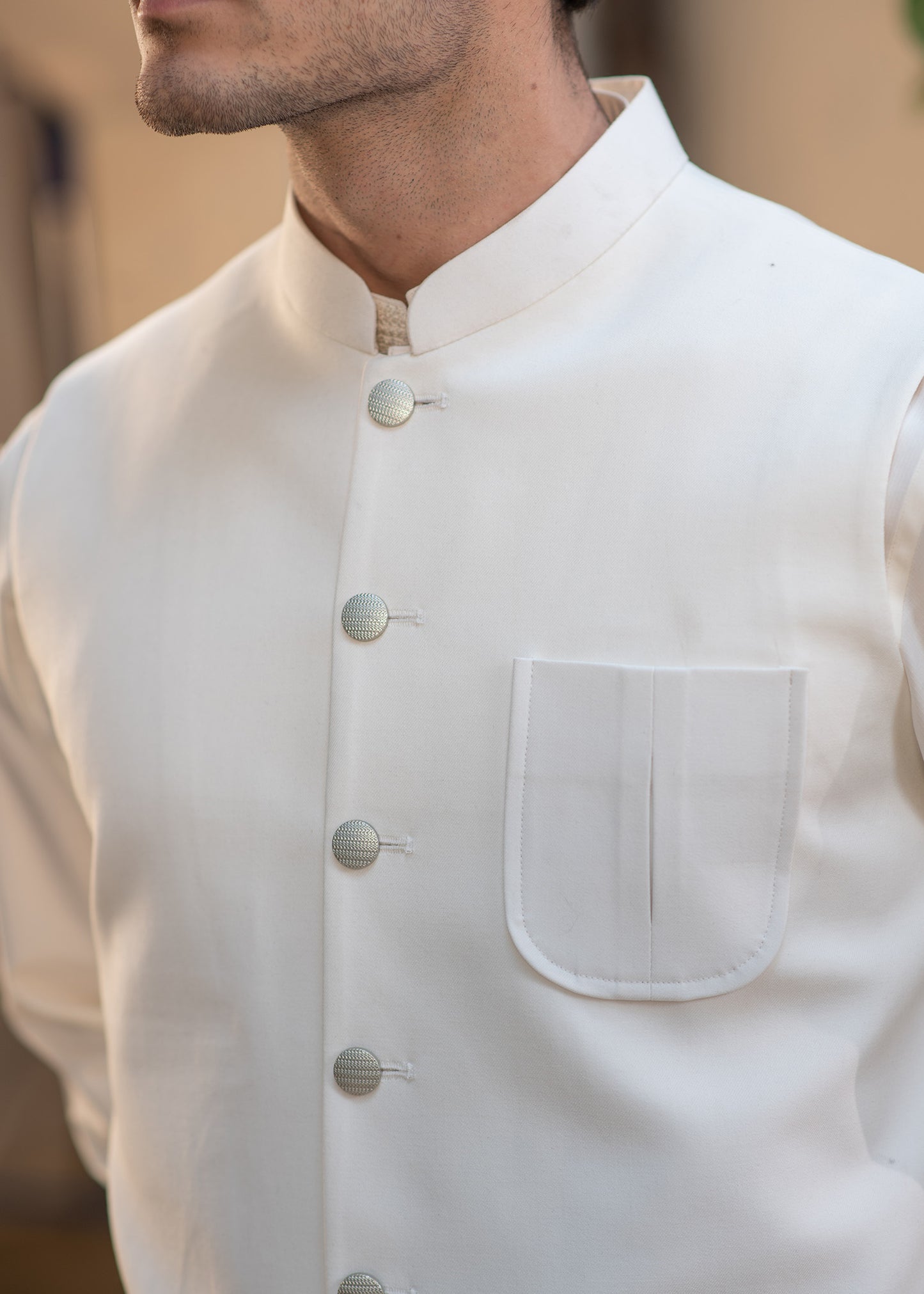 Premium Classic Off-White Suiting Waistcoat Men's with  two side patch pockets and one welt chest patch pocket - Classic Fit Mandarin style