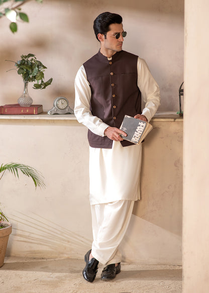 Premium Suiting Waistcoat Men's with two clean, vertical-aligned side pockets integrated into the waistcoat's front paneling for a sleek - Classic Fit Mandarin style