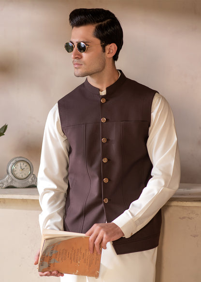 Premium Suiting Waistcoat Men's with two clean, vertical-aligned side pockets integrated into the waistcoat's front paneling for a sleek - Classic Fit Mandarin style