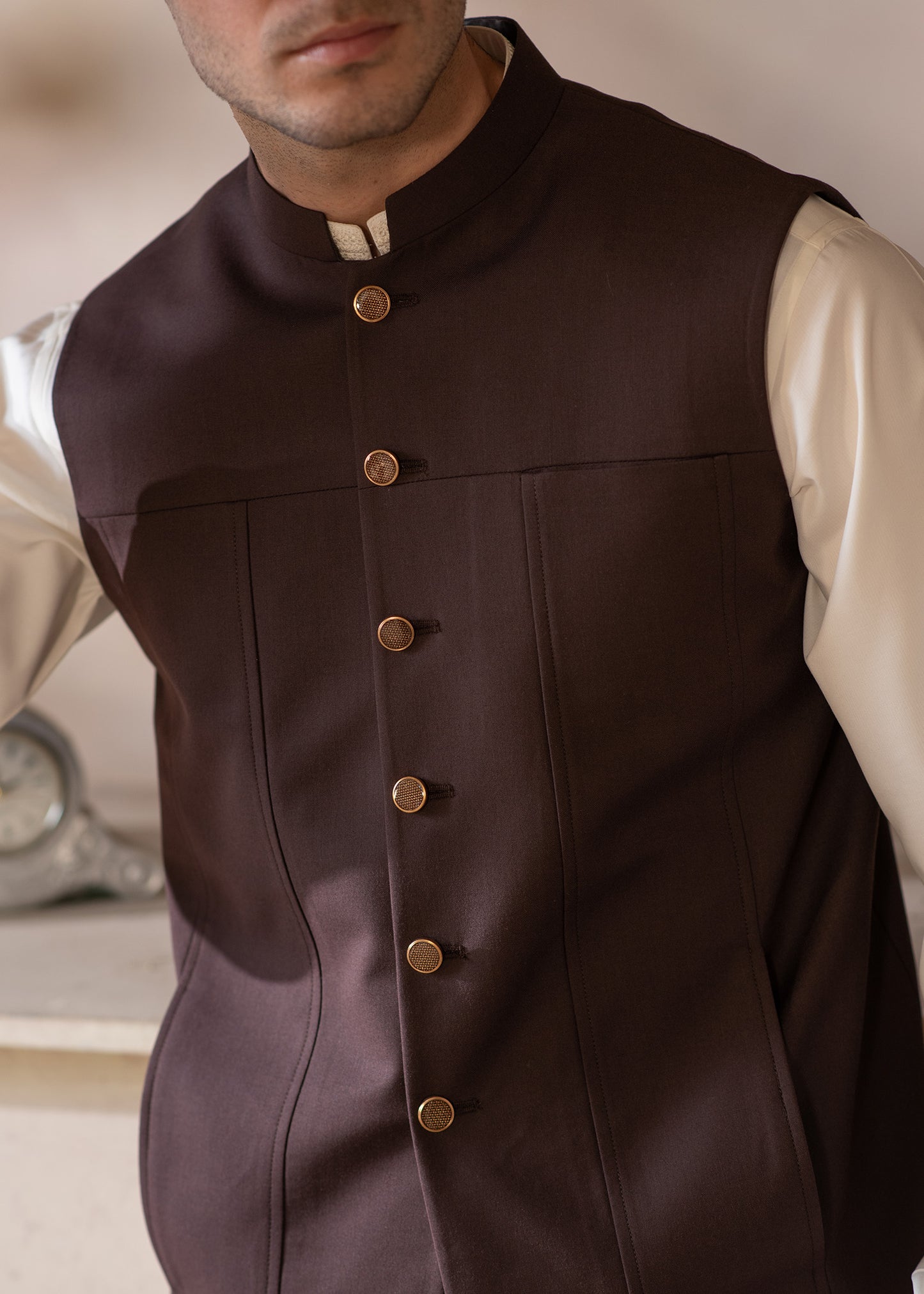 Premium Suiting Waistcoat Men's with two clean, vertical-aligned side pockets integrated into the waistcoat's front paneling for a sleek - Classic Fit Mandarin style