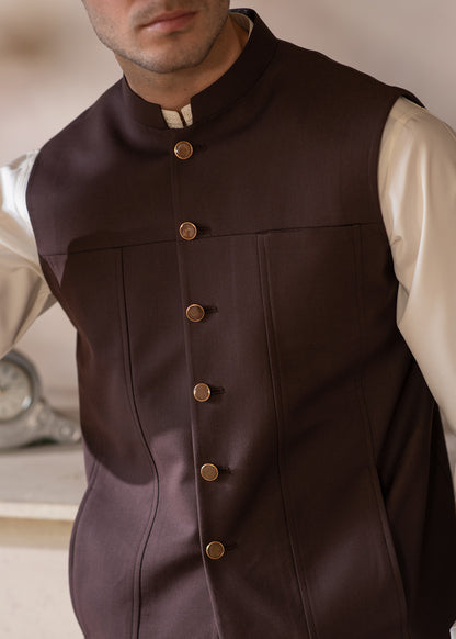 Premium Suiting Waistcoat Men's with two clean, vertical-aligned side pockets integrated into the waistcoat's front paneling for a sleek - Classic Fit Mandarin style