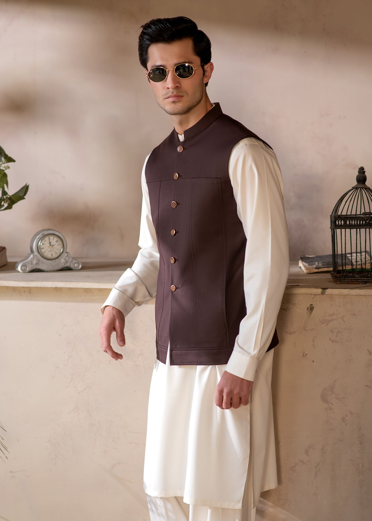 Premium Suiting Waistcoat Men's with two clean, vertical-aligned side pockets integrated into the waistcoat's front paneling for a sleek - Classic Fit Mandarin style