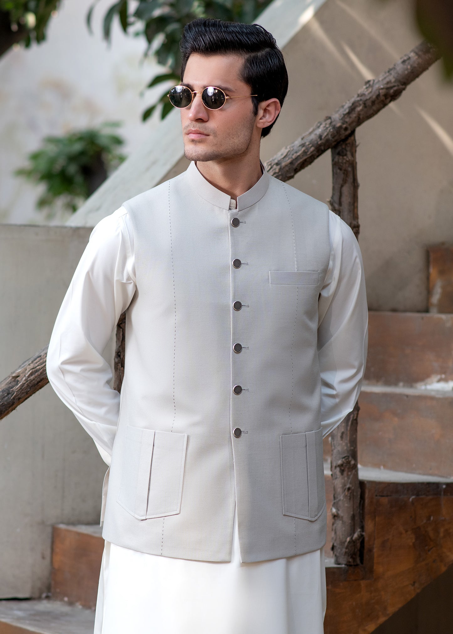 Premium Light Fawn Waistcoat for Men's with  two lower patch pockets with decorative vertical pleats and one welt chest pocket - Classic Fit Mandarin style