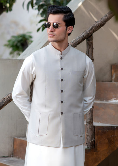 Premium Light Fawn Waistcoat for Men's with  two lower patch pockets with decorative vertical pleats and one welt chest pocket - Classic Fit Mandarin style