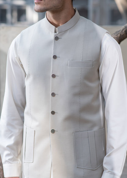 Premium Light Fawn Waistcoat for Men's with  two lower patch pockets with decorative vertical pleats and one welt chest pocket - Classic Fit Mandarin style