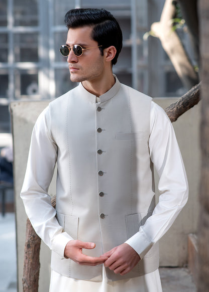 Premium Light Fawn Waistcoat for Men's with  two lower patch pockets with decorative vertical pleats and one welt chest pocket - Classic Fit Mandarin style