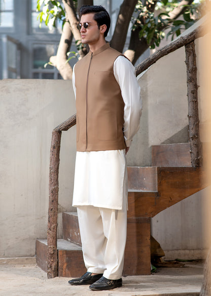 Men's Camel Brown Ethnic Waistcoat - Modern Zip Design with two side patch pockets and one welt chest Bone pocket - Classic Fit Mandarin style