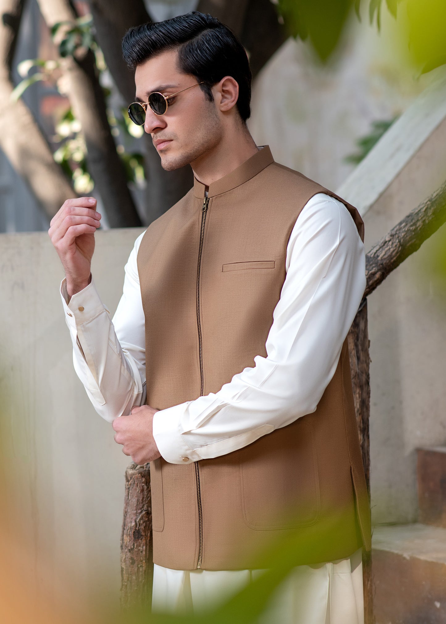 Men's Camel Brown Ethnic Waistcoat - Modern Zip Design with two side patch pockets and one welt chest Bone pocket - Classic Fit Mandarin style